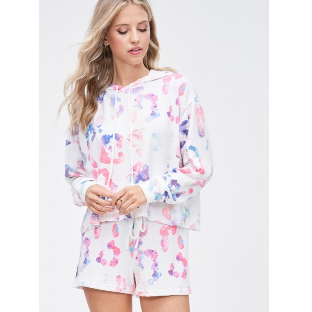 Phil Love Rainbow Leopard Shorts Loungewear Set, Ivory